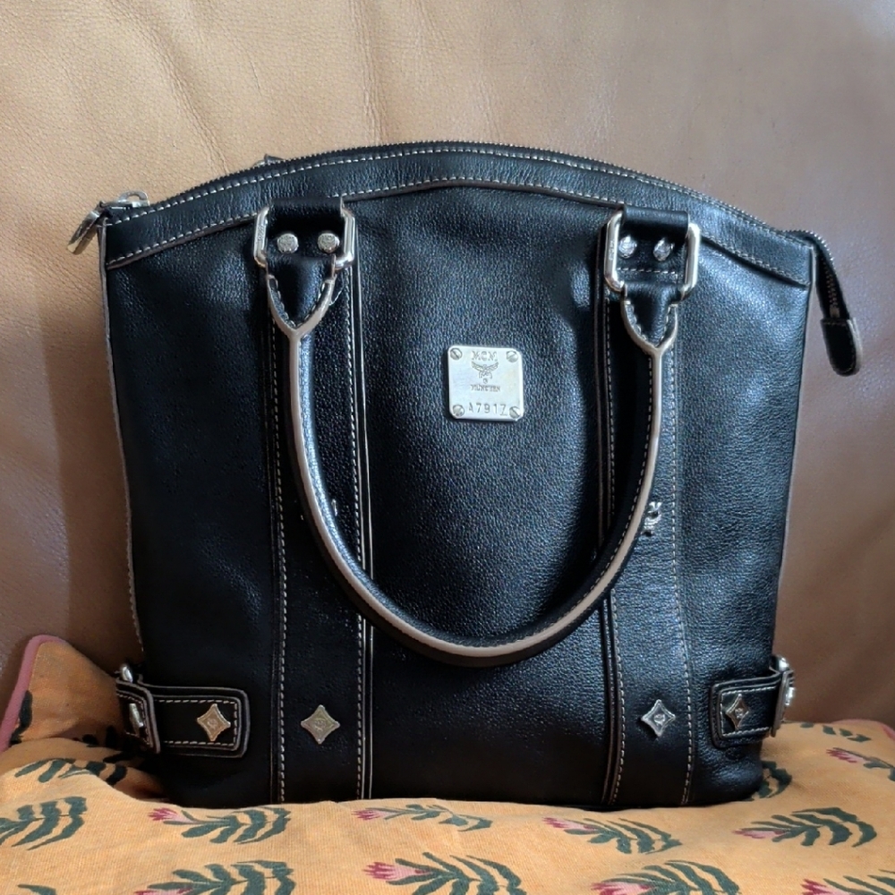 MCM Black Leather Tote with Silver Details
